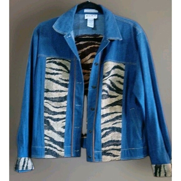 ELCC DENIM TAPESTRY ANIMAL PRINT BLUE JEAN JACKET Size Medium Stretch Unique - Picture 1 of 16